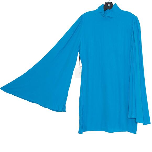 NWT Yllw Dress Bell Sleeve Boho Festival 70s Statement Ethereal Mini Blue Large - Picture 7 of 8